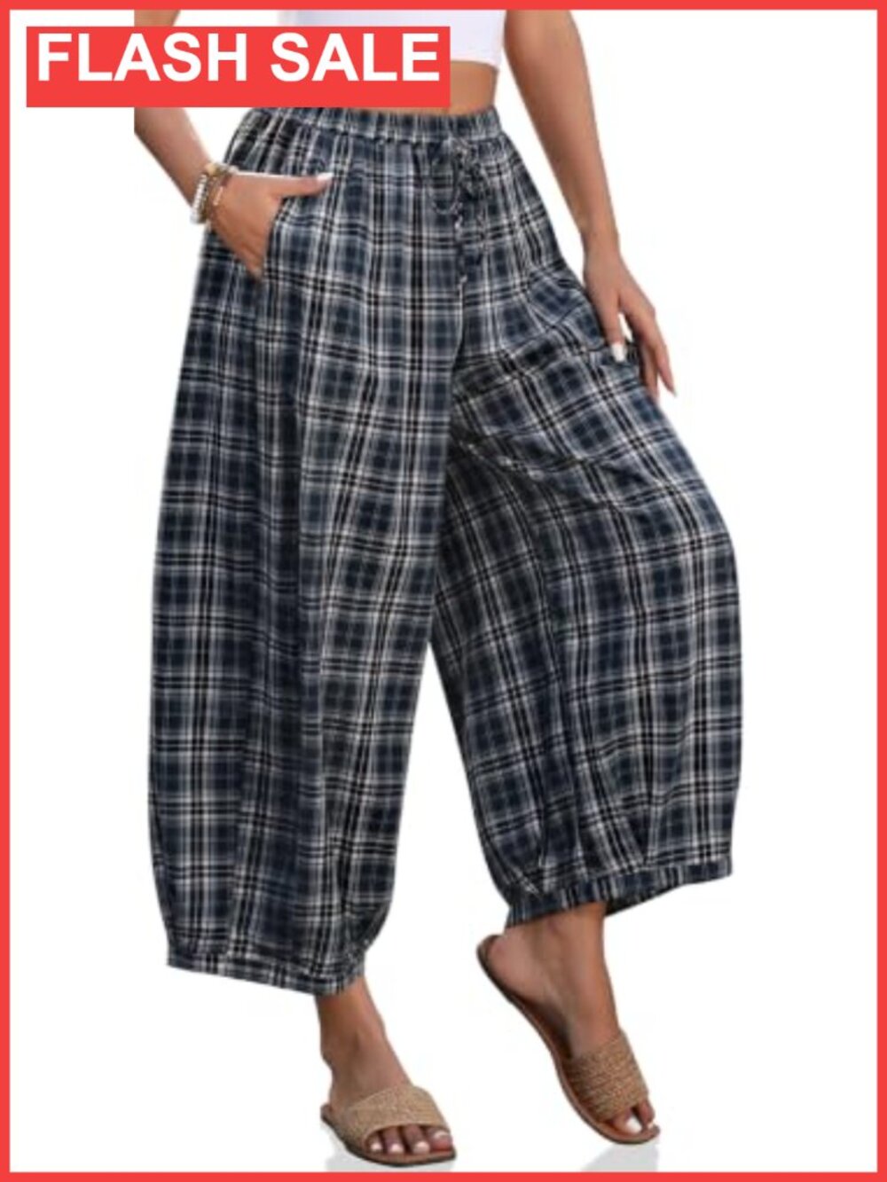 TARSE Cotton Linen Wide Leg Plaid Pants Drawstring High Rise